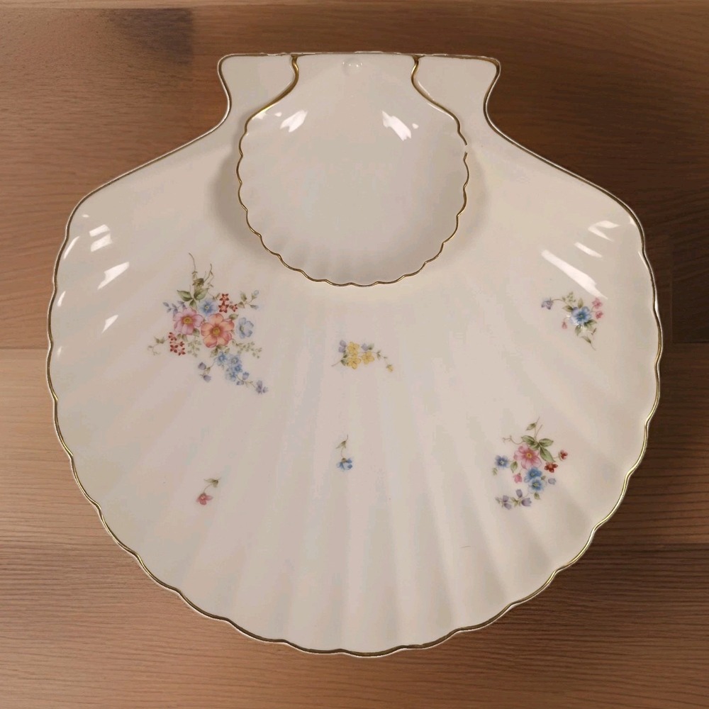 Vtg Rare Bone China Shell Shape Platter w Dip section Gold Edging  (10" dia)